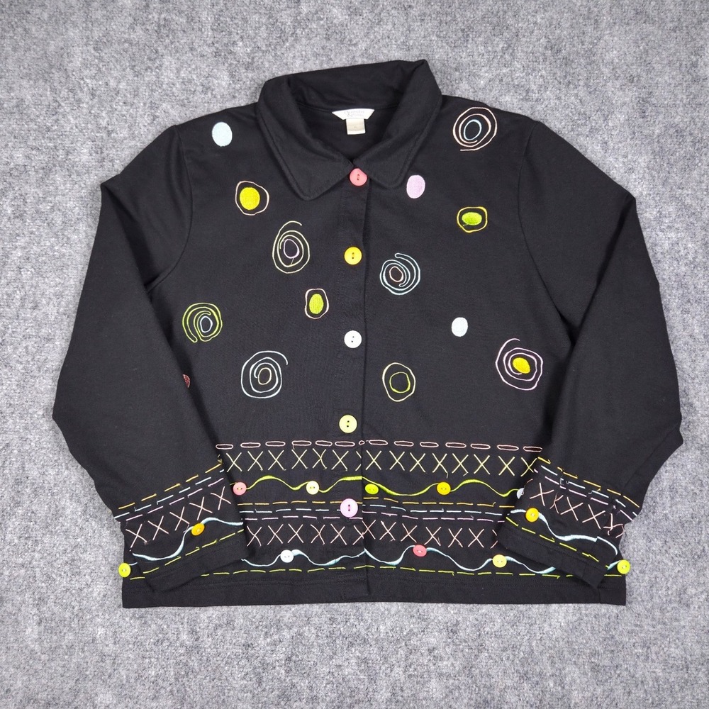 Christopher & Banks Jacket Womens XL Black Embroidered Colorful Button Front